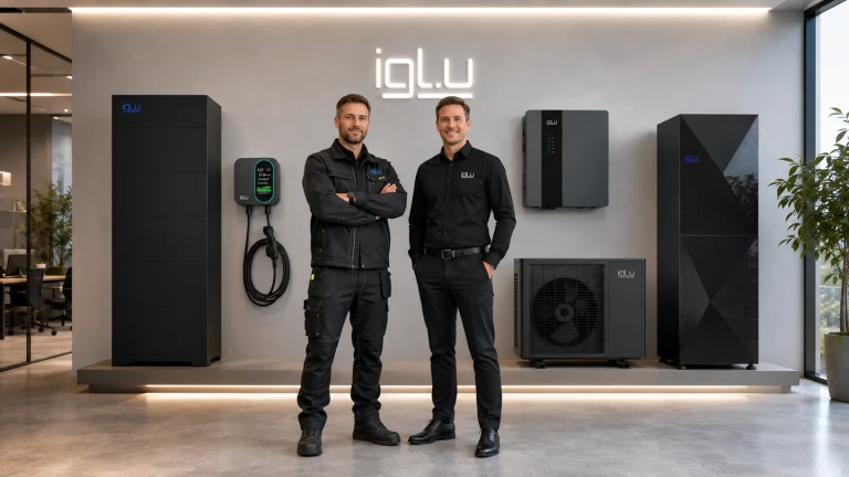 IGLU komanda su produktų ekspozicija: energijos kaupikliai, šilumos siurblys, EV įkrovimo stotelė ir inverteris